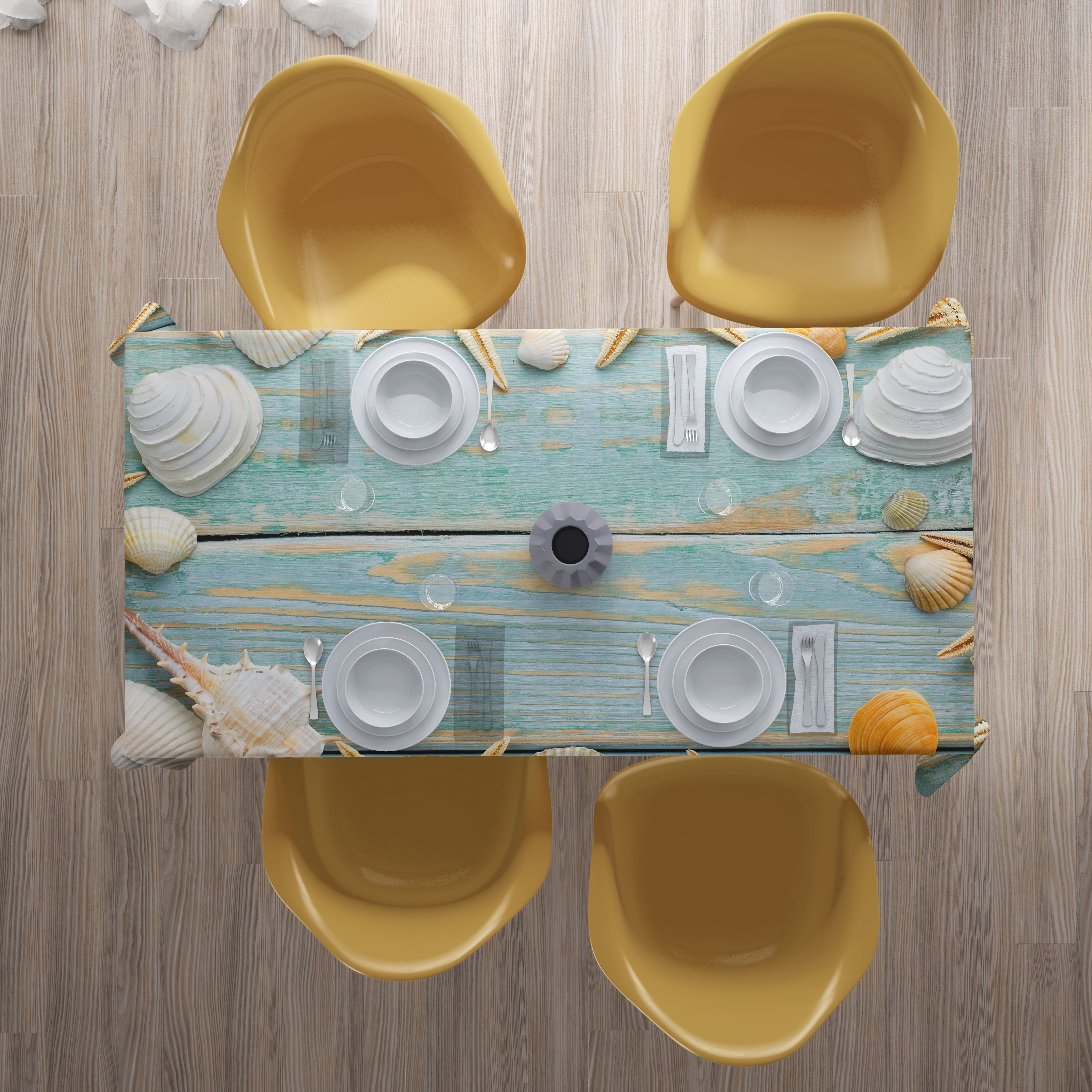 Tablecloth Seashells on Vintage Wood