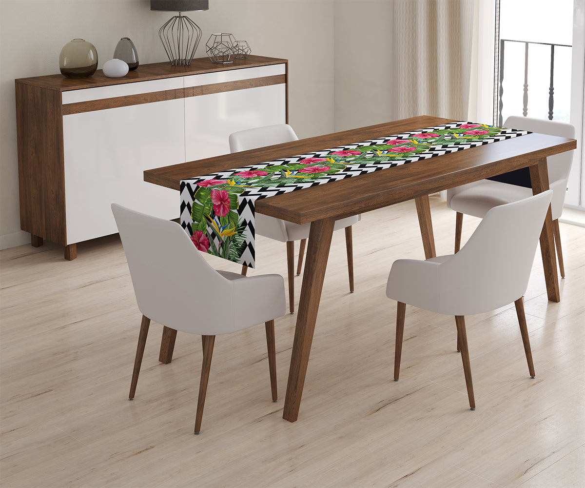 Table Runner Tropical Leaves and Hibiscus Flowers - Wellmira